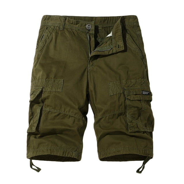 MIUOWANP Men's Relaxed Cargo Shorts with Multi Pockets Solid Color Loose Fit Outdoor Sport Adjustable Cuffs Half Pants Size M(6)Army Green