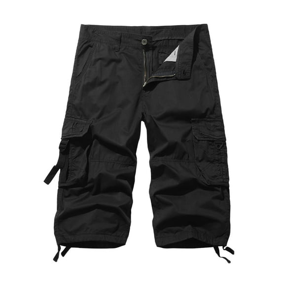 MIUOWANP Men's Relaxed Cargo Shorts with Multi Pockets Solid Color Loose Fit Outdoor Sport Adjustable Cuffs Half Pants Size XL(10)Black