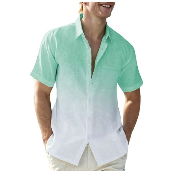 MIUOWANP Men's Short Sleeve Shirts Button Down Gradient Color Print Trendy Lapel T-Shirt With Pockets Size XL(10)Mint Green
