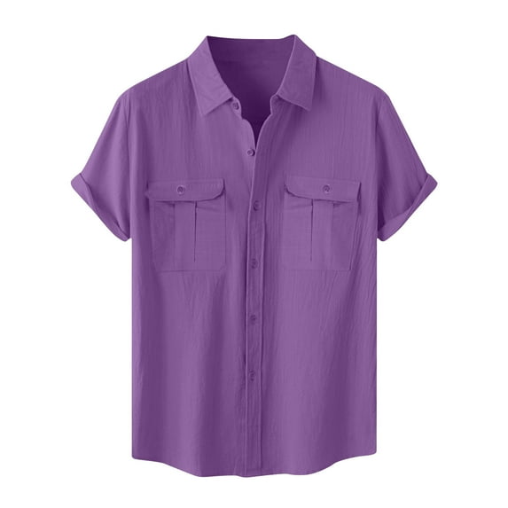 MIUOWANP Men's Short Sleeve Shirts Button Down Men's Vintage Casual Pocket Solid Color Button Lapel Fashion Long Sleeve Shirt
