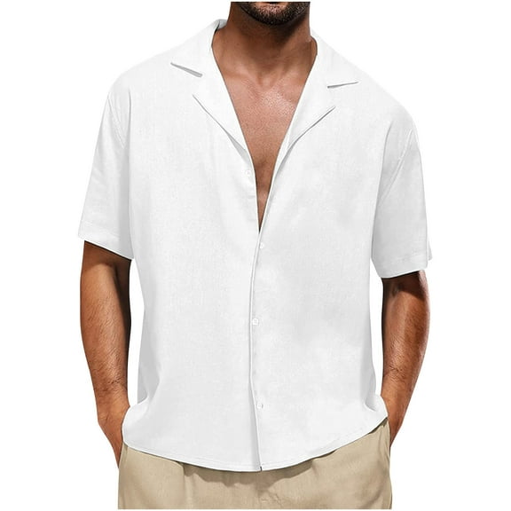 MIUOWANP Men's Short Sleeve Shirts Button Down Solid Color Cotton And Linen Loose Breathable T-Shirt Size XL(10)White