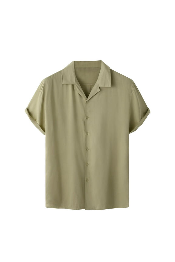 Men's Short Sleeve Shirts Button Down Solid Color Loose Breathable Lapel Hawaiian Beach Shirt Size L(8)Army Green