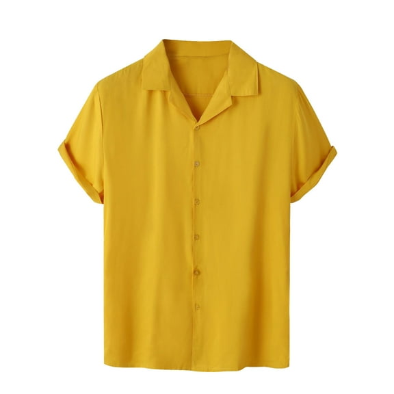 MIUOWANP Men's Short Sleeve Shirts Button Down Solid Color Loose Breathable Lapel Hawaiian Beach Shirt Size XL(10)Yellow