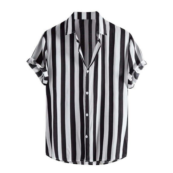 MIUOWANP Men's Short Sleeve Shirts Button Down Striped Print Loose Fit Casual T-Shirt Size M(6)Black