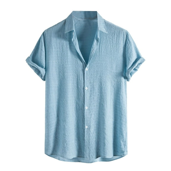 MIUOWANP Men's Short Sleeve Shirts Button Down With Pockets Jacquard Dark Grid Turn Down Collar T-Shirt Size XXL(12)Light Blue