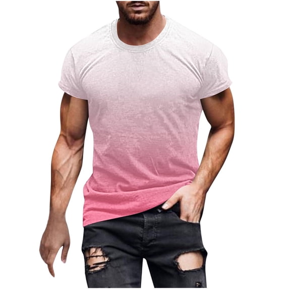 MIUOWANP Men's Short Sleeve Shirts Casual Gradient Color Sports and Fitness Performance Tops Simplicity Round Neck T-Shirt Size XXXL(14)Pink