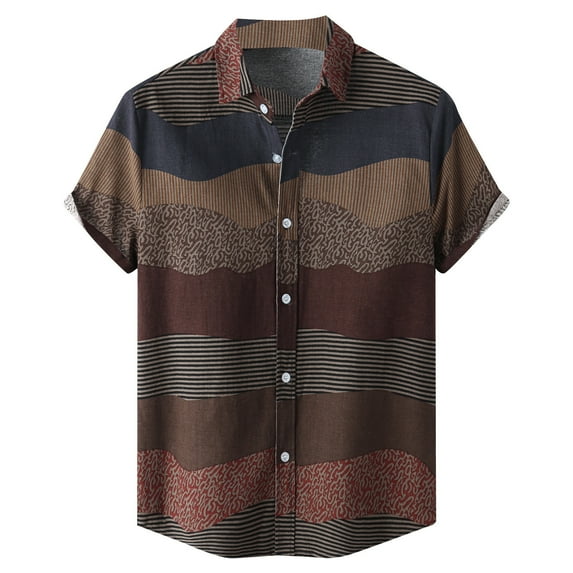 MIUOWANP Men's Short Sleeve Shirts Casual Striped Print Button Lapel Beach Shirt Size XL(10)Coffee