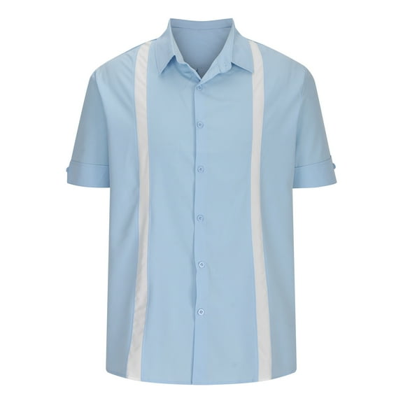 MIUOWANP Men's Short Sleeve Shirts Color Blocking Business Casual Lapel Button up T-shirt Size S(4)Light Blue