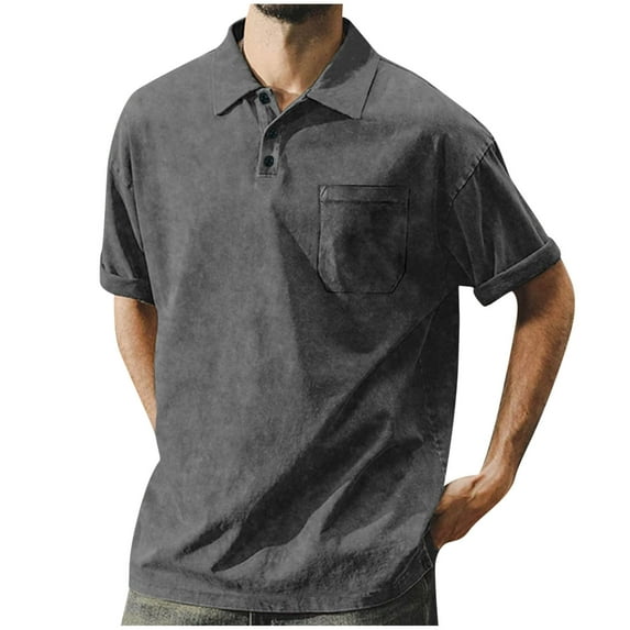 MIUOWANP Men's Short Sleeve Shirts With Pockets Business Casual Solid Color Button Lapel Slim Fit T-Shirt Size L(8)Gray