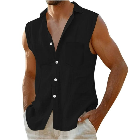 MIUOWANP Men's Summer Sleeveless Shirt Hawaiian Leisure Fashion Vacation Pocket Sleeveless Solid Color Lapel Shirt Black M