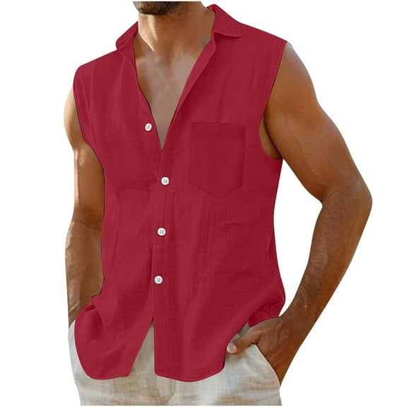 MIUOWANP Men's Summer Sleeveless Shirt Hawaiian Leisure Fashion Vacation Pocket Sleeveless Solid Color Lapel Shirt Red XXL