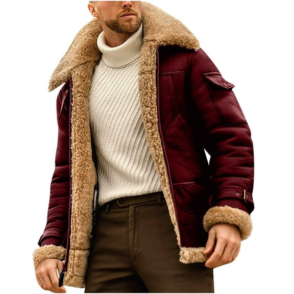 MIUOWANP Mens Jacket Winter Men Casual Solid Turndown Winter Thicken Cool Zipper Patchwork Jacket Red L