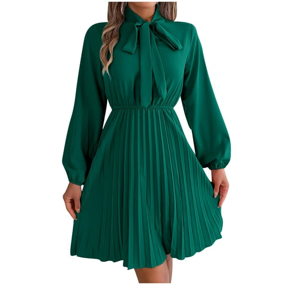 MIUOWANP Midi Dresses for Women Hot Sell Casual Clothing Women Temperament Solid Color Waistband Long Sleeved Pleated Skirt Size XL Green