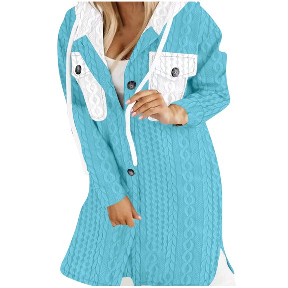 MIUOWANP New Arrivals Fashion Coat Women's Winter Color Blocked Hooded Jacket Cardigan Pocket Sweatshirt Blue M