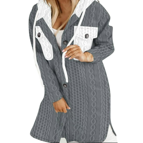 MIUOWANP New Arrivals Fashion Coat Women's Winter Color Blocked Hooded Jacket Cardigan Pocket Sweatshirt Gray S