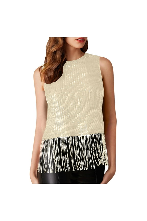 New Women's Summer Casual Tops 2025 Women's New Solid Color Crew Neck Pullover Sequin Fringe Casual Top Beige L