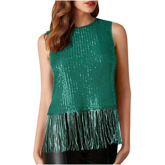 MIUOWANP New Women's Summer Casual Tops 2025 Women's New Solid Color Crew Neck Pullover Sequin Fringe Casual Top Green S