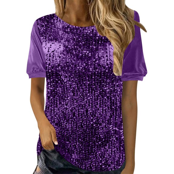MIUOWANP New Years Shirts for Women Sparkly Women's New Solid Color Sequined Velvet Patchwork Round Neck Short Sleeved T-shirt Purple L