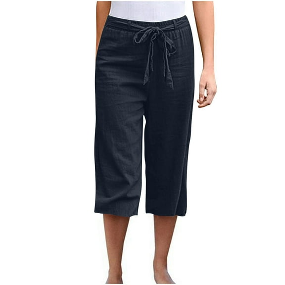 MIUOWANP Oversize Casual Linen Cotton Culottes Solid Color Elastic Waist with Drawstring High Waisted Straight Pants with Pockets Size S(4)Dark Blue
