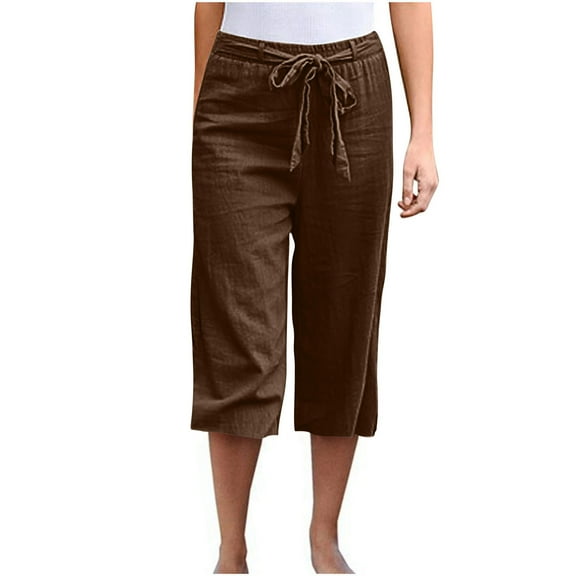 MIUOWANP Oversize Casual Linen Cotton Culottes Solid Color Elastic Waist with Drawstring High Waisted Straight Pants with Pockets Size XXL(12)Brown
