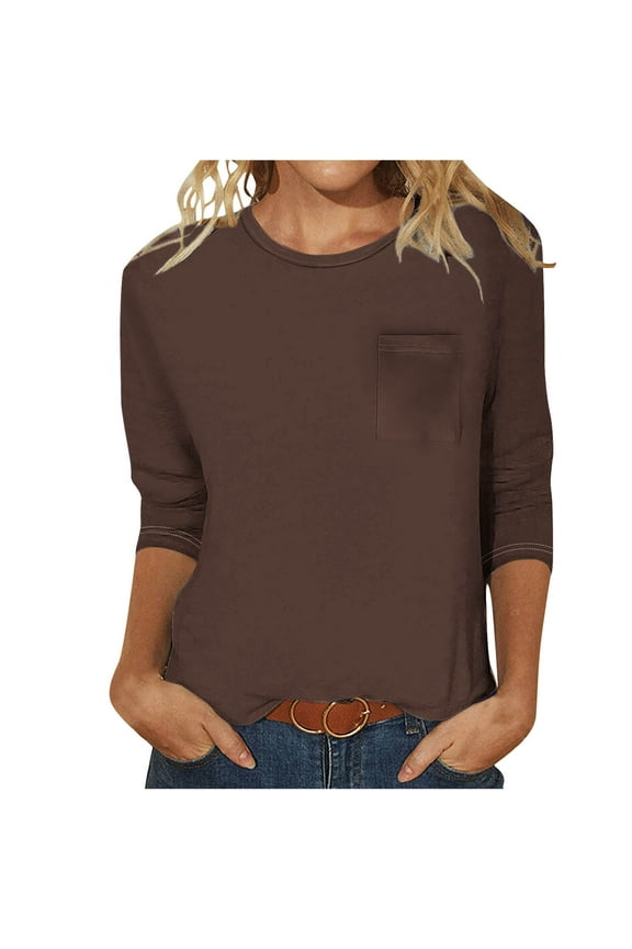 Oversize Women's 3/4 Sleeve Tops With Pockets Solid Color Easy to Mix and Match Round Neck Blouse Size S(4)Brown