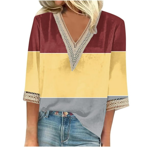 MIUOWANP Oversize Women's Aesthetic Long Sleeve Tops Color Blocking Lace V-Neck Pullover, Loose Breathable 3/4 Sleeve Raglan Size S(4)Red