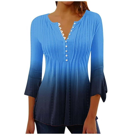 MIUOWANP Oversize Women's Aesthetical Long Sleeves Tops Gradient Color Casual Button Tunneled Pleated Waist Shaping Flare 3/4 Sleeve Shirt Size L(8)Blue