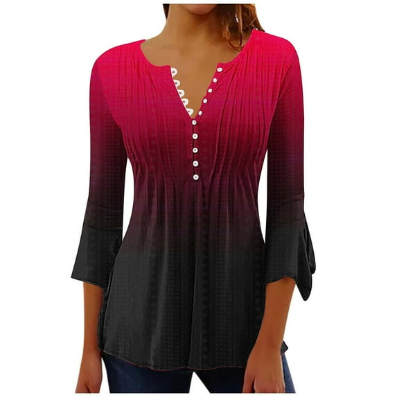 MIUOWANP Oversize Women's Aesthetical Long Sleeves Tops Gradient Color Casual Button Tunneled Pleated Waist Shaping Flare 3/4 Sleeve Shirt Size XXL(12)Red