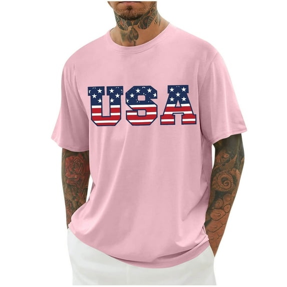MIUOWANP Oversized Men's Casual Loose Fit Sports T-shirt Independence Day Print Sports and Fitness Round Neck Blouse Size XXXL(14)Pink