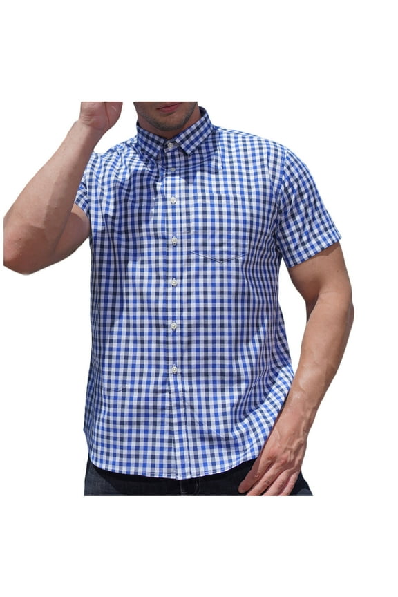 Oversized Men's Cotton Short Sleeve Pocket T-shirts Checkered Print Loose Breathable Business Casual Lapel Button up T-shirt Size M(6)Blue