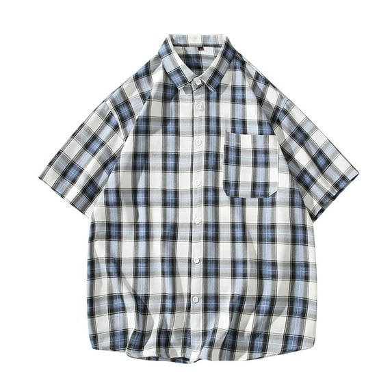 MIUOWANP Oversized Men's Short Sleeve Shirts Button Down with Pockets Checkered Print Loose Breathable Hawaiian Turndown Collar Blouse Size L(8)Blue