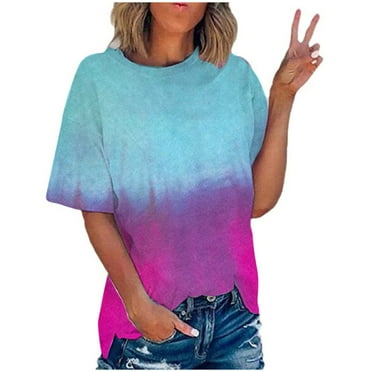 MIUOWANP Oversized Women's Short Sleeve Summer Tops Gradient Color Loose Breathable Trendy Round Neck T-Shirt Size L(8)Sky Blue