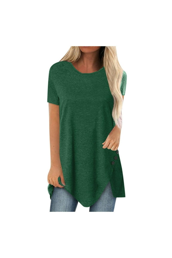 Oversized Women's Short Sleeve Summer Tops Solid Color Classic Round Neck Long Shirt Irregular Hem T-shirt Blouse Tops Size XXXXXL(18)Green