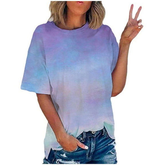 MIUOWANP Oversized Women's Short Sleeve Summer Tops Tie-Dyed Loose Breathable Trendy Round Neck T-Shirt Size L(8)Purple
