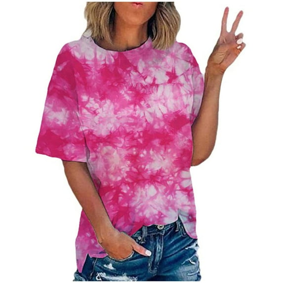 MIUOWANP Oversized Women's Short Sleeve Summer Tops Tie-Dyed Loose Breathable Trendy Round Neck T-Shirt Size XL(10)Red