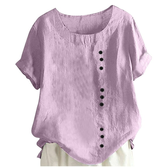 MIUOWANP Oversized Women's Short Sleeve Tops Casual Stylish Solid Color Loose Breathable Fake Button Blouse Size XL(10)Purple