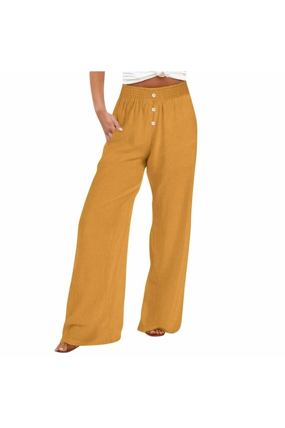 Pants Autumn Women's Fashionable Solid Color Loose Button Decorate Casual Wide Leg Trousers Yellow XXXL