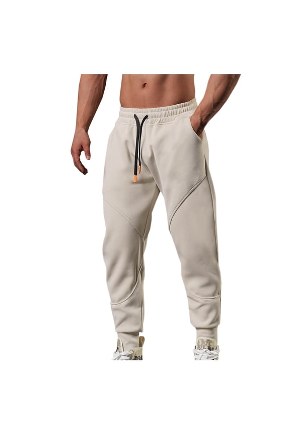 Pants for Men Stretch Men's Fashion Casual Plicing Drawstring Cuffed Pants Sports Fitness Pants M Beige