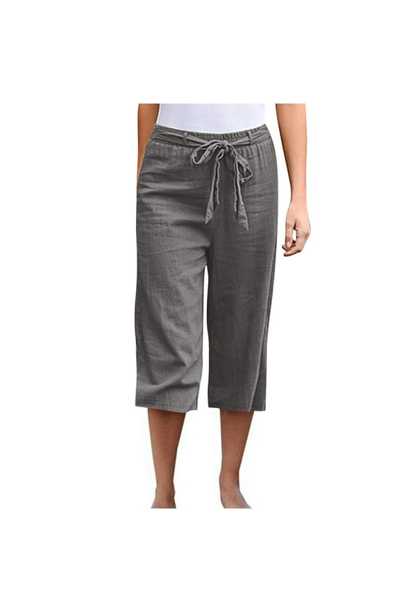 Plus Size Casual Linen Cotton Culottes Solid Color Elastic Waist with Drawstring High Waisted Straight Pants with Pockets Size XXL(12)Dark Gray