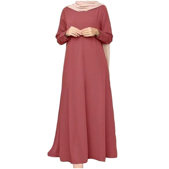 MIUOWANP Plus Size Dresses for Women Plus Size Hot Sell Casual Clothing Women's Fashion Summer Loose Long Sleeve Round Neck Solid Color Ankle-length Dress Size L Red
