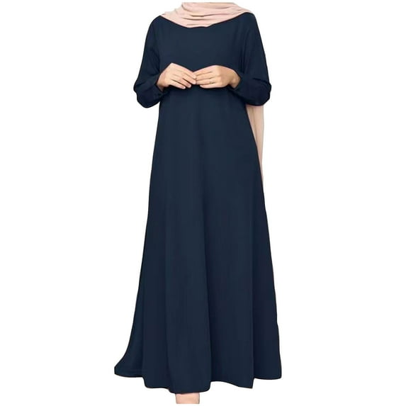 MIUOWANP Plus Size Dresses for Women Plus Size Hot Sell Casual Clothing Women's Fashion Summer Loose Long Sleeve Round Neck Solid Color Ankle-length Dress Size XXL Dark Blue