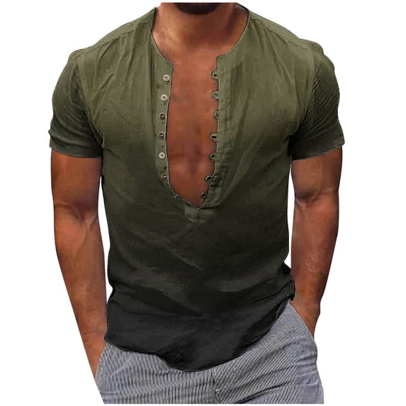 MIUOWANP Plus Size Men's Short Sleeve Shirts with Button Down Gradient Color Lapel Breathable Sports and Fitness Round Neck T-Shirt Size L(8)Army Green