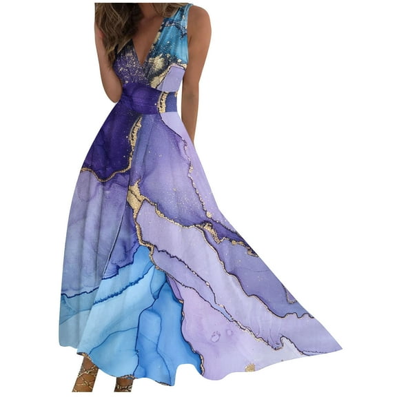 MIUOWANP Plus Size Sleeveless Deep V-neck Dress for Women Marble PrintA-line Midi Long Skirt Size XXL(12)Blue