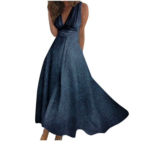 MIUOWANP Plus Size Summer Sleeveless Dresses for Women Gradient Color Lightweight Full Skirt Elegant V-Neck Long Dress Size M(6)Navy