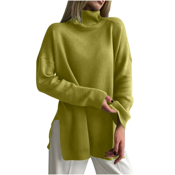 MaFYtyTPR Plus Size Sweaters for Women Women's Long Sleeved Loose Solid Color High Neck Pullover Knitted Sweater Yellow M