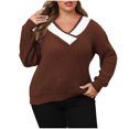 thumbnail image 1 of MIUOWANP Plus Size Sweaters for Women V neck Women's Casual Round Neck Long Sleeve Sweater Knitted Stripe Loose Blouse Tops Coffee XL, 1 of 4