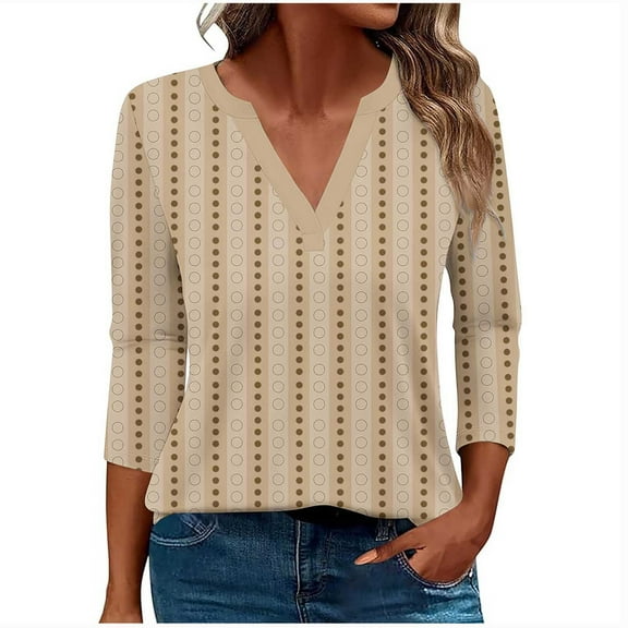 MIUOWANP Plus Size Women's 3/4 Sleeved Summer Tops Polka Dot Print Raglan V-neck Shirt Fashion Casual T-shirt Size S(4)Yellow