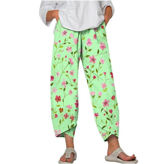 MIUOWANP Plus Size Women's Casual Capri Pants with Pockets Floral Print High Waisted Elastic-Waisted Loose Trousers Size XXXL(14)Green