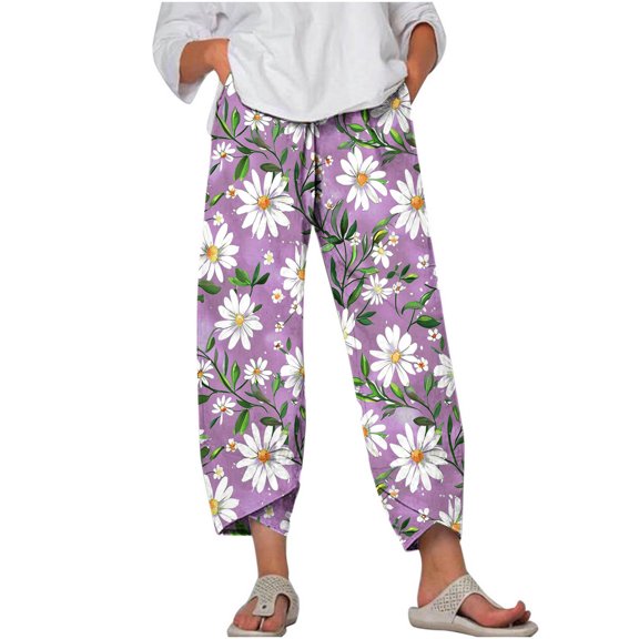 MIUOWANP Plus Size Women's Cropped Pants Elastic Waist Floral Print Breathable Sports Pants Size M(6)Purple