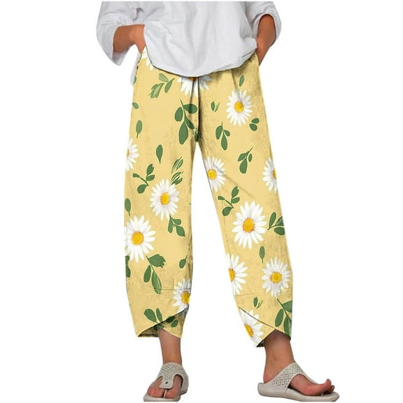 MIUOWANP Plus Size Women's Cropped Pants Elastic Waist Floral Print Breathable Sports Pants Size M(6)Yellow